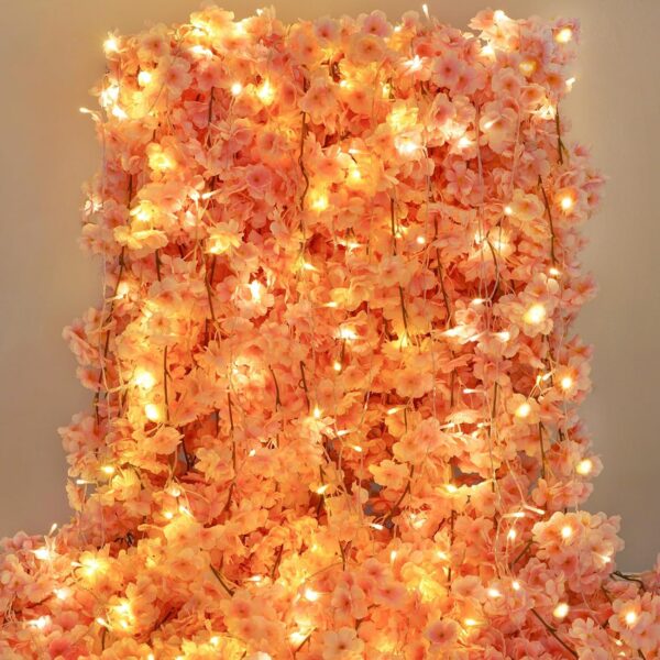 Sunm Boutique 8-Pack 47.2 Ft Artificial Cherry Blossom Garland Cherry Blossom Hanging Vine with 65.6 Ft Long 160 LED String Lights Silk Sakura Vines Garland for Wedding Party Home Decor, Pink