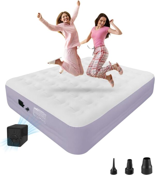 25f84372c20417d9 Queen Air Mattress with Built-in Pump - 18 Inch Extra Thick, Luxurious Velvet Plush Surface & Reinforced Edge - Portable Inflatable Bed for Home, Camping & Travel - Hotel-Like Comfor - Grey