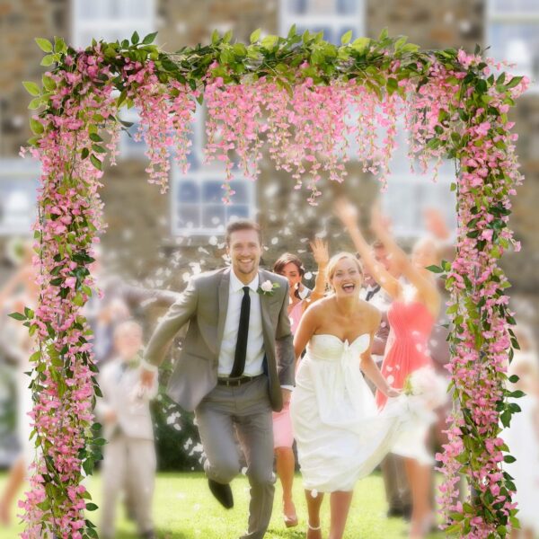 Lvydec Wisteria Artificial Flowers Garland, 4 Pcs Total 28.8ft Artificial Wisteria Vine Silk Hanging Flower for Home Garden Outdoor Ceremony Wedding Arch Floral Decor (Pink)