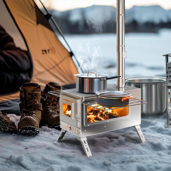 262a9d9cfe4c46d3 UNHO Camping Tent Stove: Portable Wood Burning Stove Stainless Steel Outdoor Cooking Heater Log Burner with 7 Chimney Pipes for Tent Shelter Garden Silver