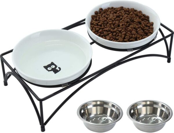 262e609e9cf7ab2f FOREYY Elevated Cat Bowls with 2 Ceramic Bowls and 2 Stainless Steel Bowls,Raised Cat Food Water Bowl with Iron Stand,Porcelain Pet Dishes for Cats and Small Dogs,16 Ounces,Dishwasher Safe(Gray)