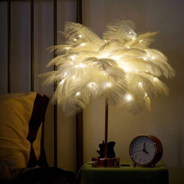 Table Lamp LED Night DIY Creative Warm Light Tree Feather Lampshade Wedding Home Bedroom Decor with Remote Control