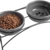 Y YHY Ceramic Raised Pet Bowls 12 oz Capacity 2.75” Height Sturdy Metal Stand, Grey