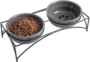 Y YHY Ceramic Raised Pet Bowls 12 oz Capacity 2.75” Height Sturdy Metal Stand, Grey