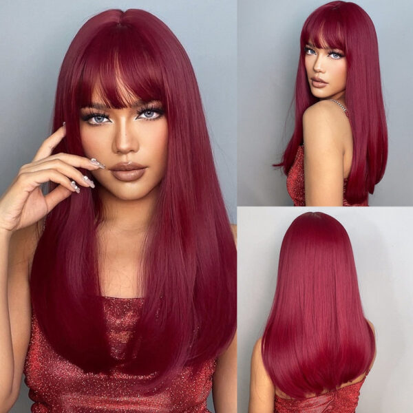 26fe2f4d6fea0957 Light Wine Red Synthetic Wigs With Bangs for Women Long Straight Hair Wig Natural Cosplay Party Heat Resistant