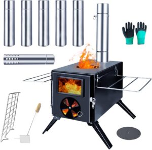 2705f1e131eca30c Fitinhot Camp Wood Stove, Tent Wood Burning Stoves Portable with Chimney Pipes, Upgraded Titanium Surface Camping Stove, Heat Resistant Glass & Gloves for Outdoor (Black)