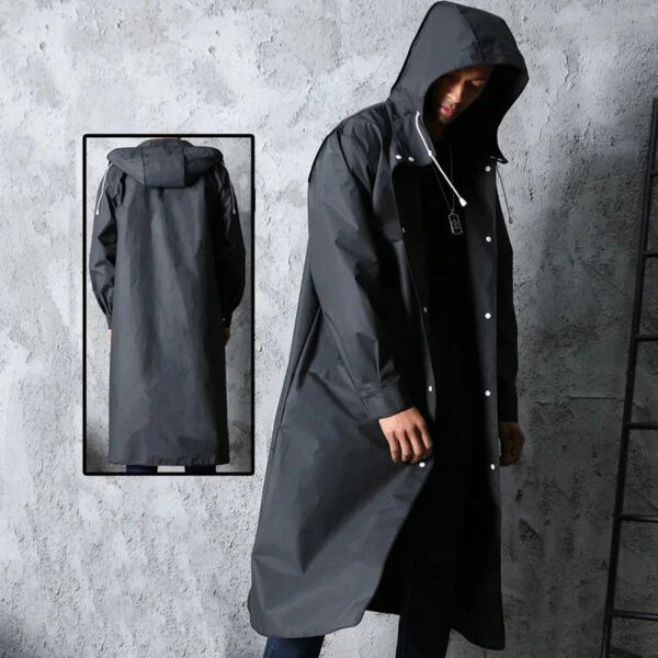 Fashion black adult windbreaker style waterproof long raincoat women's men's hooded outdoor motorcycle, bicycle, hiking, fishing