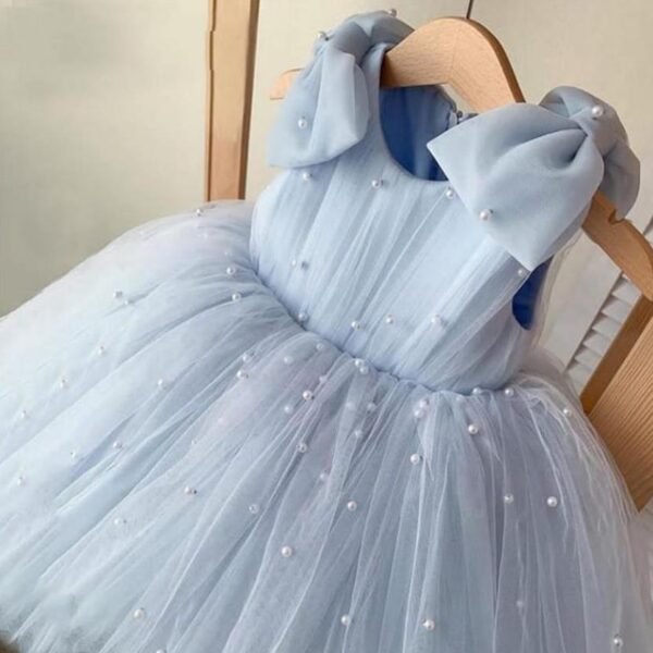 2024 New Children‘s Princess Ball Gown Bow Pearls Mesh Design Kids Wedding Birthday Baptism Party Girls Sleeveless Dresses A3661
