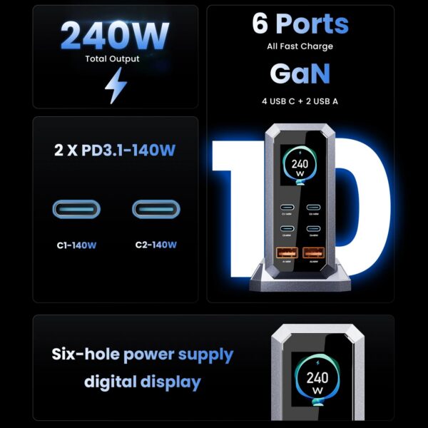 27a5a5ddbd518a9b 240W GaN Charger PD3.1 140W USB Type C 6 Ports PPS PD Desktop Fast Charging Station for MacBook Laptops Tablet iPhone Samsung