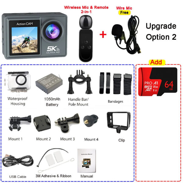 27fb972891eef458 5K 4K60FPS Action Camera Dual IPS Touch LCD EIS 170° DVR 30M Waterproof 5X Zoom Sport Camera With Wireless Mic & Pre Recording