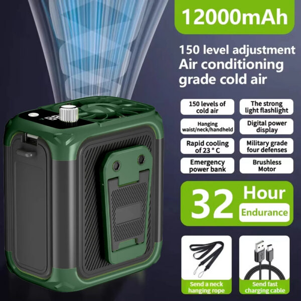 Mini high-speed waist fan, bladeless USB hanging neck fan, outdoor multifunctional mobile power lighting digital display fan