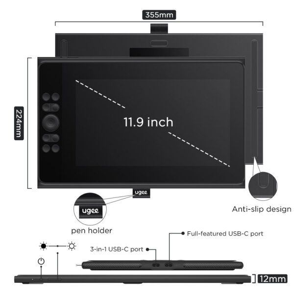 287bad6674acfeb7 Ugee UE12 Plus 147% sRGB 11.9 inch Drawing Monitor Scroll Wheel 8 Shortcut Keys Art Tablet with for PC Android