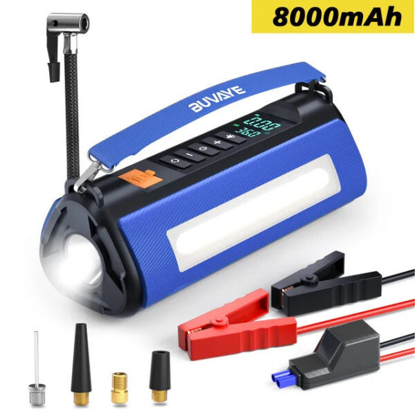BUVAYE Car Jump Starter Pump Outdoor Power Lamp Portable Air Compressor Multifunctional Tire Iator with EVA Bag