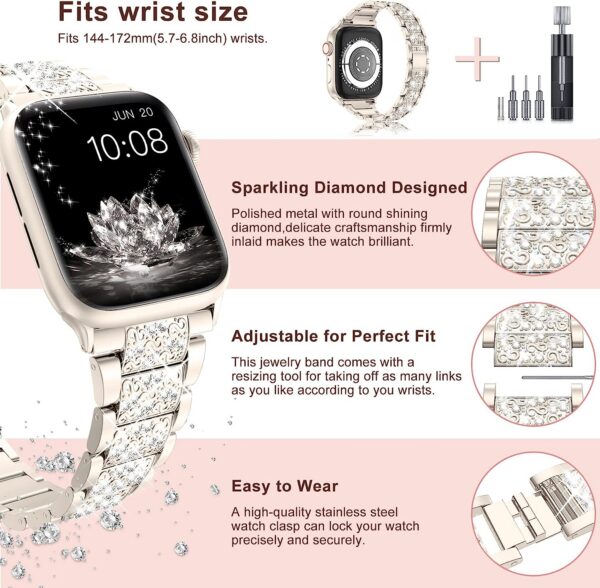 LELONG Compatible with Apple Watch Band 38mm 40mm 41mm Series 9 Series 8 7 6 5 4 3 2 1 SE Ultra, Bling Replacement Bracelet iWatch Band, Diamond Rhinestone Stainless Steel Metal Wristband Strap