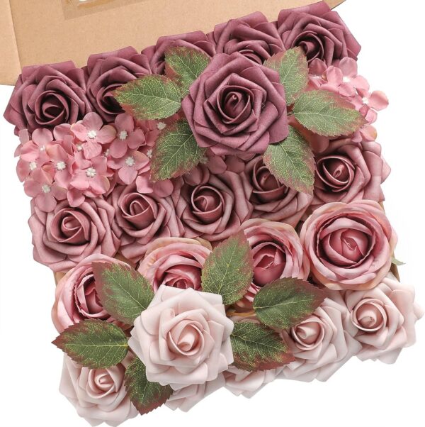 YYHUAWU Artificial Flowers Combo Box Set Gradient Color Flower Leaf with Stems for DIY Wedding Bouquets Centerpieces Baby Shower Party Home Decorations Peach