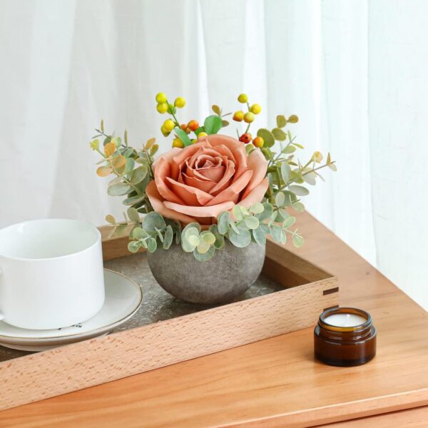 Artificial Flowers Kit with Pot, Combination of Fake Silk Orange Roses and Greenery,Small Plant Potted Decor for Offices,Bookshelf,Bedroom, Living Room,Party,Wedding Decorations…