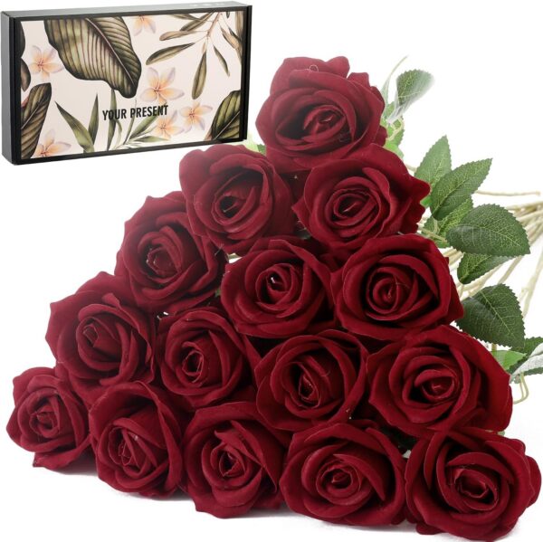 15Pcs Artificial Roses Velet Real Touch Single Stem Fake Roses Silk Realistic Bouquet Flowers Arrangements Home Office Garden Grave Party Wedding Decoration(Light Pink-15p, Blossom Roses)