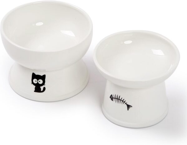 2996796d3ef3a671 FOREYY Raised Cat Food and Water Bowl Set, Whisker Friendly Elevated Ceramic Cats Feeder Bowls with Anti Slip Ring, Anti-Vomiting Shallow High Porcelain Pet Kitten Dish, Dishwasher Safe(White)
