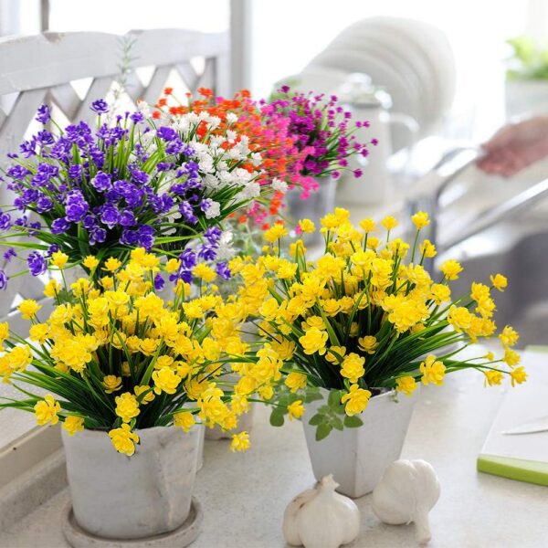 Grunyia 10 Bundles Artificial Fake Flowers, Faux Outdoor Plastic Plants UV Resistant Shrubs Outside Indoor Decorations (Purple-Eucalyptus)