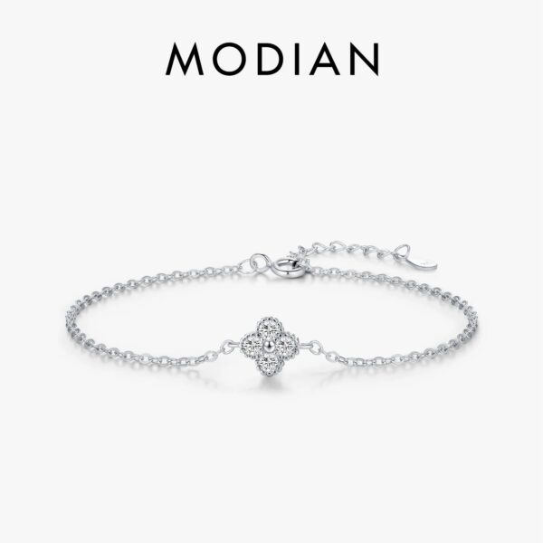 MODIAN 925 Sterling Silver Exquisite Lucky Four Leaf Clover CZ Link Chain Stackable Sweet Bracelet For Women Daily Fine Jewelry