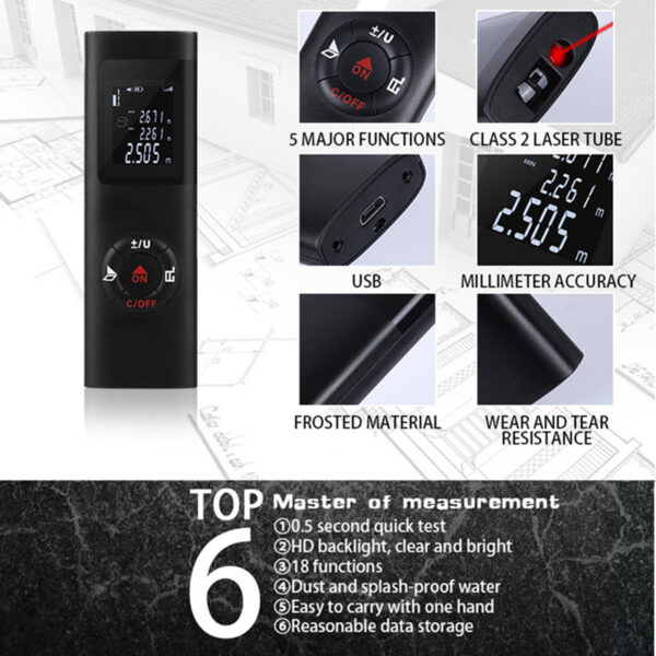 40m Protable Distance Meter Rechargeable Laser Rangefinder Diastimeter HD Backlight Digital Range Finder for Household