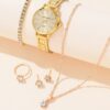 2a3316b134d36d70 6 PCS New Love Rhinestone Jewelry Ladies Ring Necklace Earrings Bracelet Set Simple Digital Steel Strap Quartz Watch