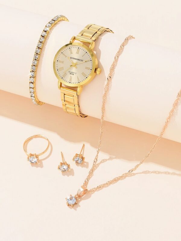 2a3316b134d36d70 6 PCS New Love Rhinestone Jewelry Ladies Ring Necklace Earrings Bracelet Set Simple Digital Steel Strap Quartz Watch