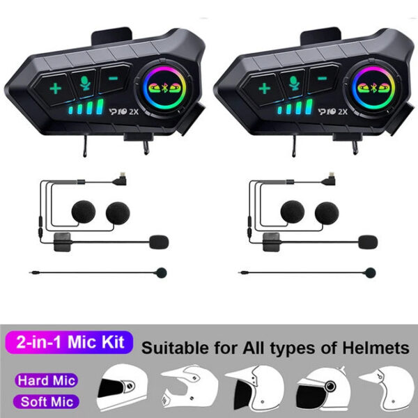 2aaad32f3b44bd11 1/2x Music Interphone Bluetooth 5.3 Motorcycle Helmet Intercom Headset Waterproof 300m Intercomunicador Speaker Earphone
