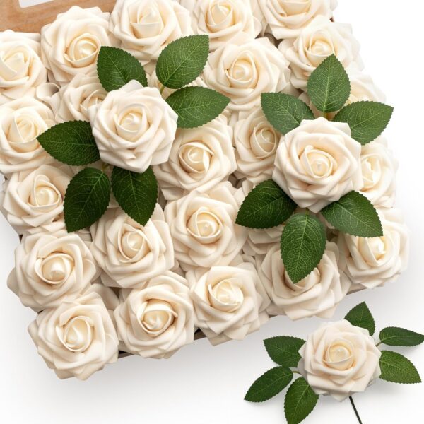 Mocoosy 50Pcs Artificial Rose Flowers, Burnt Orange Fake Roses for Decorations, Real Touch Terracotta Foam Rose Bulk with Stems Rust Floral Arrangements Wedding Valentine's Day Party Home Table Decor