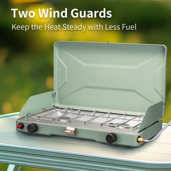VANSTON 2-Burner Propane Camping Stove, 20,000 Total BTUs, Wind Guards, Adjustable Burners, Instant Push-Button Ignition, Suitable for Backyard BBQs, Beach Cookouts, Tailgating