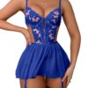 WDIRARA Women's Floral Embroidery Mesh Split Cut Out Babydoll Lingerie Slip Dress