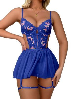 WDIRARA Women's Floral Embroidery Mesh Split Cut Out Babydoll Lingerie Slip Dress