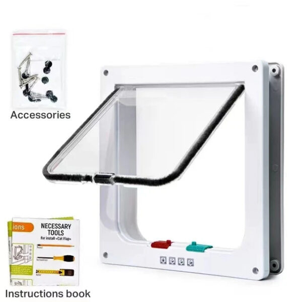 2b69c6f8f4475c09 Cat Flap Door with 4 Way Security Lock Controllable Switch Transparent ABS Plastic Gate Puppy Kitten Safety in&out Pet Doors Kit