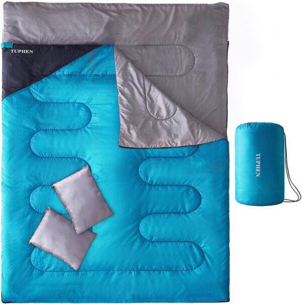 2b9ef7ce747a28b7 Tuphen Double Sleeping Bag, Sleeping Bag with 2 Pillows, Queen Size XL Bag for 2 People, Cold Warm Weather- 3 Seasons, Waterproof Adults for Camping, Backpacking or Hiking