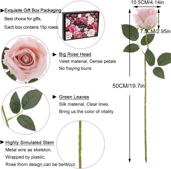 15Pcs Artificial Roses Velet Real Touch Single Stem Fake Roses Silk Realistic Bouquet Flowers Arrangements Home Office Garden Grave Party Wedding Decoration(Light Pink-15p, Blossom Roses)