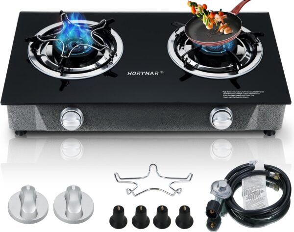 2bc1550f2eae7e41 Propane Stove 2 Burner Gas Stove Auto Ignition 26000 BTU Tempered Glass Propane Burner LPG with CSA Hose for Outdoor Cooking, Emergency