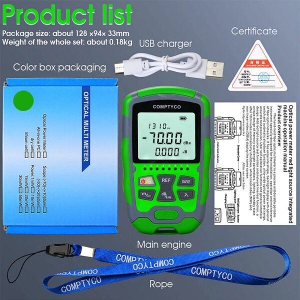 Rechargeable Fiber Tester 4 in 1 Mini Optical Power Meter -70~+10dBm & Visual Fault Locator & Rj45 Network Test & LED Lighting
