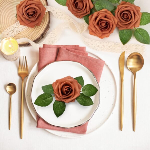 Mocoosy 50Pcs Artificial Rose Flowers, Burnt Orange Fake Roses for Decorations, Real Touch Terracotta Foam Rose Bulk with Stems Rust Floral Arrangements Wedding Valentine's Day Party Home Table Decor