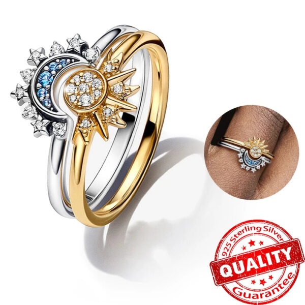 Hot Sale Sterling Sier Gold Moon and Sun Ring Set Diamond Heart Sparkling Rings for Women Fine Jewelry Party Gift Charming