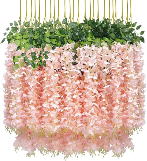 U'Artlines 12 Pack (Total 43.2 Feet) Artificial Fake Wisteria Vine Rattan Hanging Garland Silk Flowers String Home Party Wedding Decor (12, Pink)