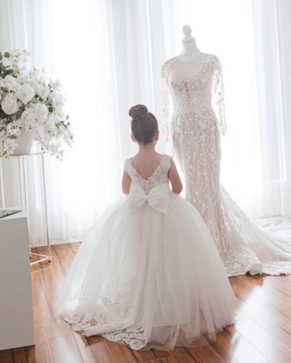 FATAPAESE Flowers Gril Dress Camellia Gowns Appqulies Beads Bow With Long Train Backless Buttons Wedddding Party Ball Gown TUTU