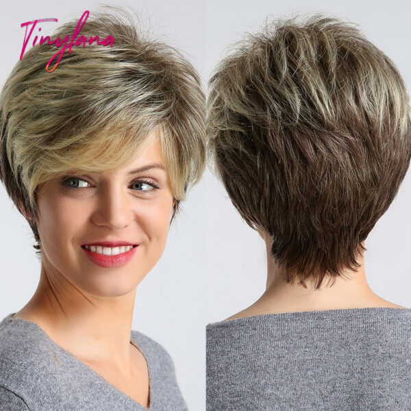 Short Pixie Cut Dark Brown Synthetic Wigs Natural Straight Layered Wig with Fluffy Bangs for Women Daily Heat Resistant Hair