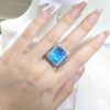 NEW Exaggerated Rectangle Ocean Blue Topaz Sapphire Full Diamond Couple Ring for Women Sier-Plated Engagement Bridal Jewelry