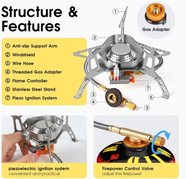 2d0d23b707bfa1f6 SWAWIS 3500W/6800W Windschutz Campingkocher Piezozündung Faltbarer Gaskocher Gasbrenner Camping Stove mit Adapter, Camping Kocher für Hiking Camping Picknick Trekking Outdoor Wandern