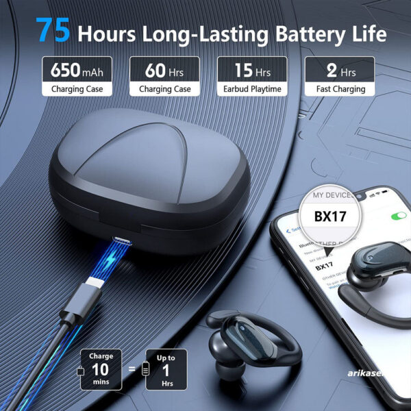Wireless Earbuds Sport Bluetooth 5.3 Headphones with Noise Cancelg Mic 75H HiFi Stereo Over Ear Bud LED Display USB-C IPX6