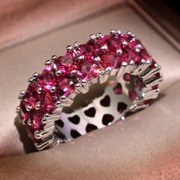 Fashion Lady Sier Pink Heart-shaped Full Diamond Zircon Engagement Bridal Jewelry Christmas Gift Cute Ring