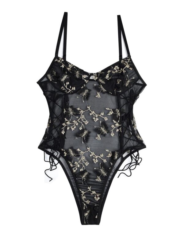 2d423e9e7d97d468 Lilosy Women Sexy Lace Up Floral Embroidered Teddy Lingerie Bodysuit Top Mesh Sheer One Piece