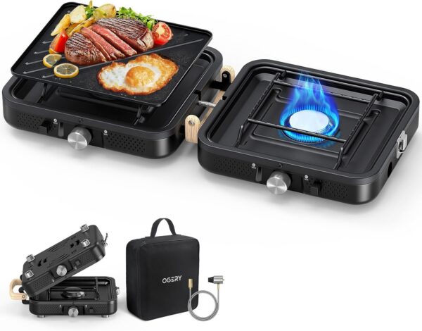 OGERY 2-Burner Foldable Camping Stove with Griddle (Textured & Smooth) and Carrying Bag, Portable Propane Camp Stove with 2 Adjustable Burners & Piezo Ignition, for Camping Tailgating Essentials Gear