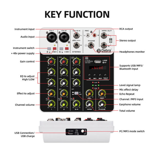 V4 Interface with Bluetooth USB Recording Computer 48V Phantom Power Delay Replay Effects, 4-Channel Audio Mixer