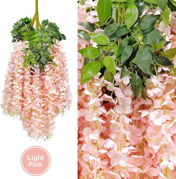 U'Artlines 12 Pack (Total 43.2 Feet) Artificial Fake Wisteria Vine Rattan Hanging Garland Silk Flowers String Home Party Wedding Decor (12, Pink)